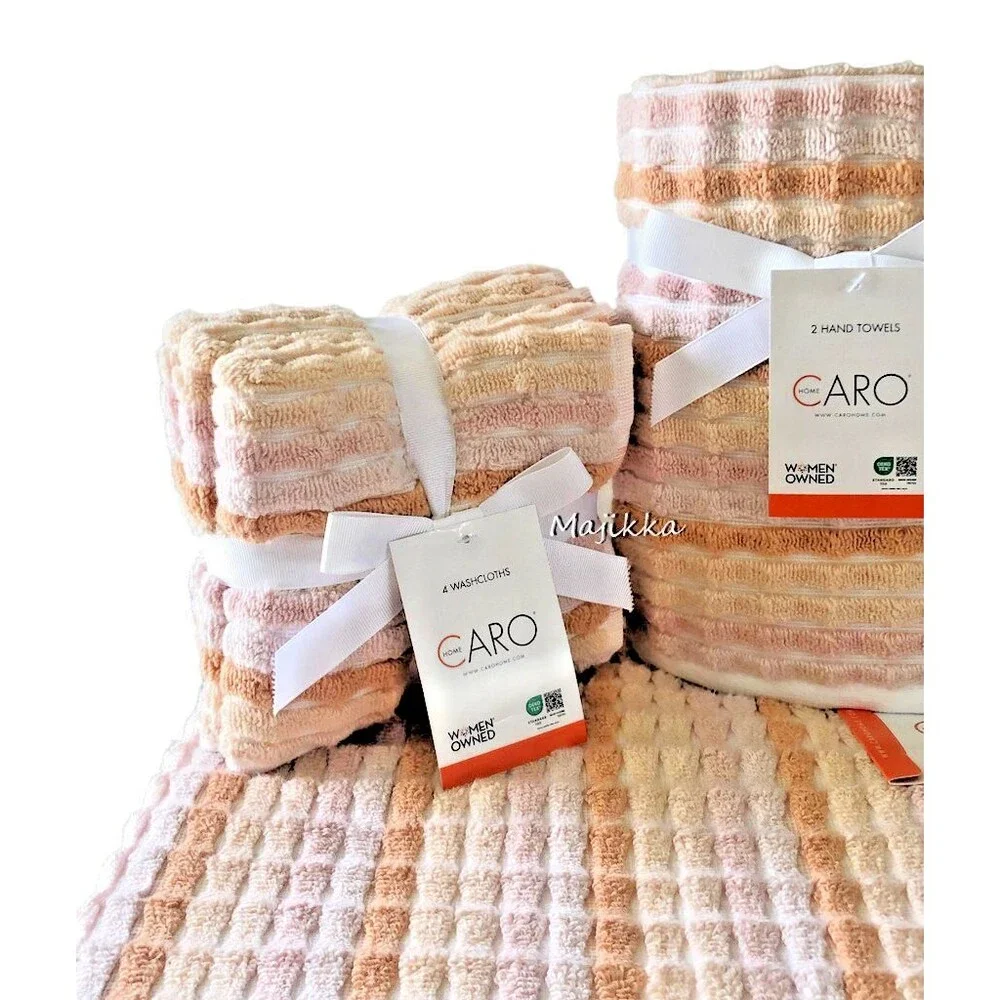 Caro 8 Piece Towel Set 2 Bath 2 Hand 4 Facecloths Peach Apricot Stripe Cotton